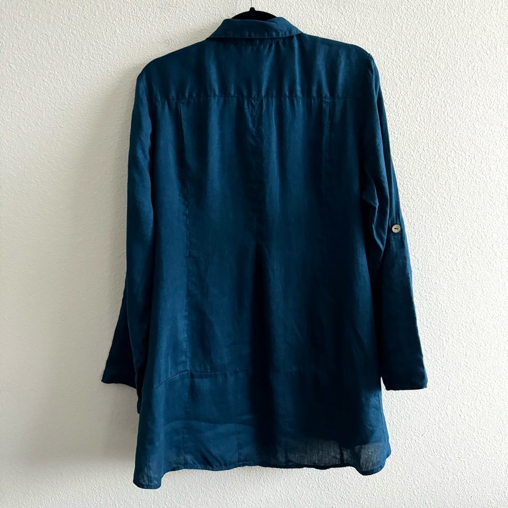 Soft Surroundings Island Breeze Shirt Deep Sea Blue Linen Button Down - Picture 6 of 10